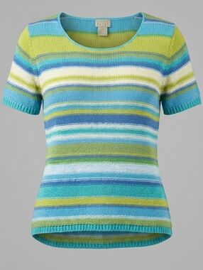 Vintage Sigrid Olsen Sport Pastel Blue Short Sleeve Striped Knit Top Size M
